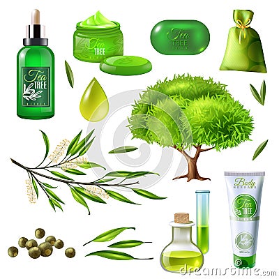 Products Of Tea Tree Set Vector Illustration