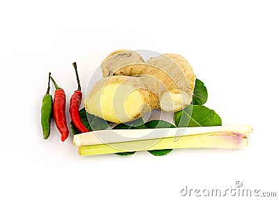 Products vegetable ingredients Asian soup hot lemongrass ginger leaves lime peppers chili Stock Photo