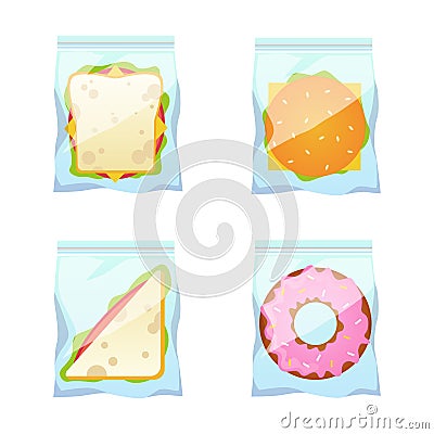 Products vending. Snack plastic package. Fast food packs. Biscuit and sandwich for selling machine. Hamburger or donut Vector Illustration