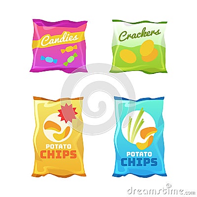 Products vending. Snack plastic package. Fast food packs. Isolated potato chips bags. Candies and crackers packaging for Vector Illustration