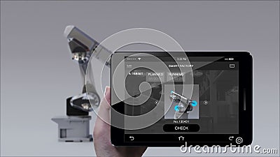 Produit à utiliser le bras de robot dans l'usine futée Protection intelligente de surveillance de contrôle, comprimé Internet des illustration stock Produit à utiliser le bras de robot dans l'usine futée Protection intelligente de surveillance de contrôle, comprimé Internet des illustration stock