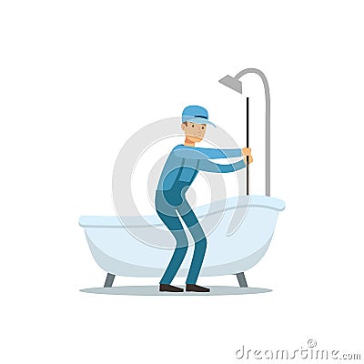 Profesional plumber man character cleaning drain, plumbing work vector Illustration Vector Illustration