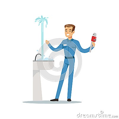 Profesional plumber man character repairing leaking pipe, plumbing work vector Illustration Vector Illustration