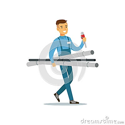 Profesional plumber man character walking with pipes and monkey wrench, plumbing work vector Illustration Vector Illustration