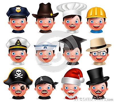 Profession avatar set of happy emoticon heads with different hats Vector Illustration