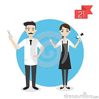 Profession characters: man and woman. Barber and hairdresser Vector Illustration