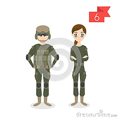 Profession characters: man and woman. Soldier. Vector Illustration
