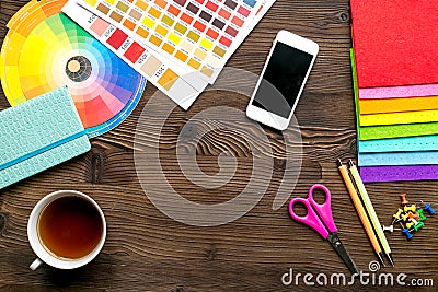 Profession concept with designer tools on work desk background top view mock-up Stock Photo