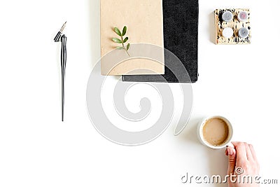 Profession concept with writer tools on work desk background top view mock-up Stock Photo