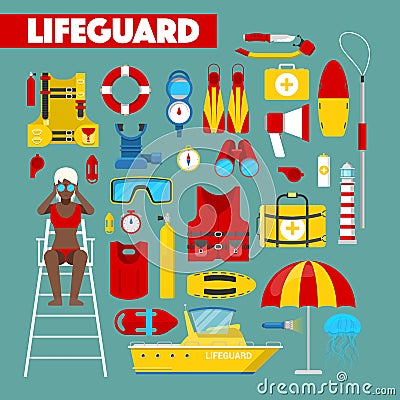 Profession Lifeguard Water Rescue with Safety Icons Vector Illustration