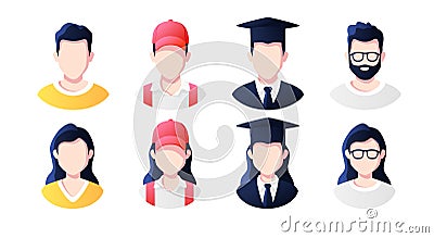 Profession, occupation people avatars set. Deliveryman, student, graduate, programmer. Profile picture icons. Male and female Vector Illustration