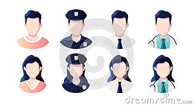 Profession, occupation people avatars set isolated. Policeman, doctor, office worker. Profile picture icons. Male and female faces Vector Illustration