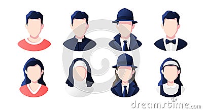 Profession, occupation people avatars set isolated. Priest, nun, detective, maid. Profile picture icons. Male and female faces. Vector Illustration