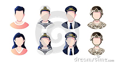 Profession, occupation people avatars set. Pilot, sailor, soldier. Profile picture icons. Male and female faces. Cute cartoon Vector Illustration