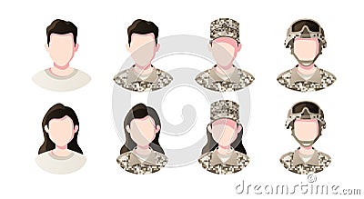 Profession, occupation people avatars set. Soldier. Profile picture icons. Male and female faces. Cute cartoon modern simple Vector Illustration
