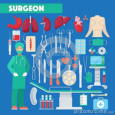 Profession Surgeon Medical Tools with Anatomy Human Organs Vector Illustration