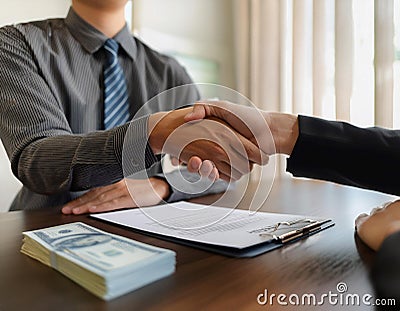 Professional agent and client interaction featuring elements like a handshake, business card, and contract symbolizing Stock Photo