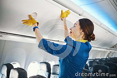 Professional air hostess taking care of the cabin interior Stock Photo