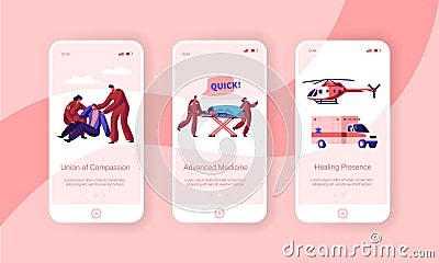 Professional Ambulance Team Care Health Mobile App Page Onboard Screen Set. Fast Transport Character from Accident Vector Illustration