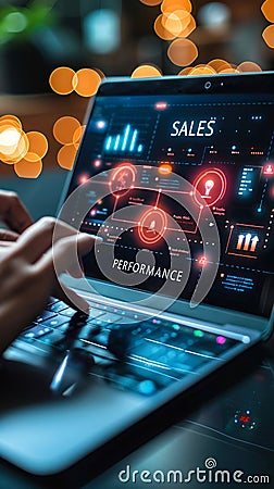 Professional Analyzing Sales Performance Metrics Using a Digital Interface with Graphs and Data Icons on a Laptop Stock Photo