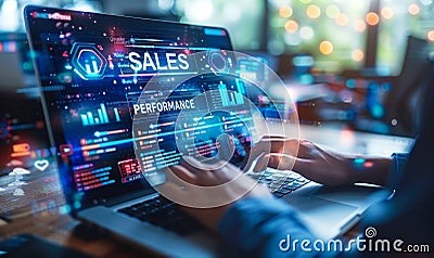 Professional Analyzing Sales Performance Metrics Using a Digital Interface with Graphs and Data Icons on a Laptop Stock Photo