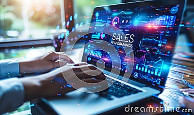 Professional Analyzing Sales Performance Metrics Using a Digital Interface with Graphs and Data Icons on a Laptop Stock Photo