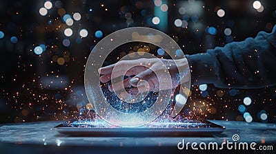 Professional analyzing trends with a 3D big data visualization floating above a modern tablet. Big data visualization Stock Photo