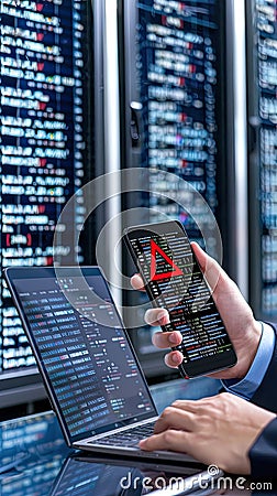 A professional appears anxious while checking a warning message on his phone, surrounded by coding screens in a Stock Photo