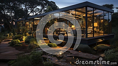 Professional architectural photography of an addition of a modern full glass pavilion. Generative AI Stock Photo