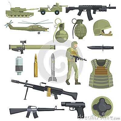 Professional Army Infantry Forces Weapons, Transportation And Soldier Equipment Set Of Realistic Objects In Khaki Color Vector Illustration