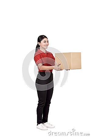 Professional asian courier woman delivering package Stock Photo