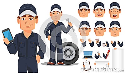 Professional auto mechanic cartoon character creation set. Vector Illustration