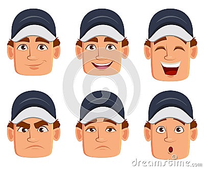 Professional auto mechanic in uniform, set with various facial e Vector Illustration