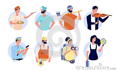 Professional avatars. Different profession people with work tools and equipment. Woman man teacher, doctor builder Vector Illustration