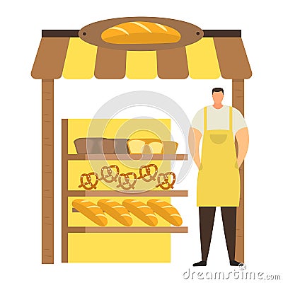 Professional baker male character in apron sell bakery product, urban street store kiosk, trade loaf and pastry isolated Vector Illustration