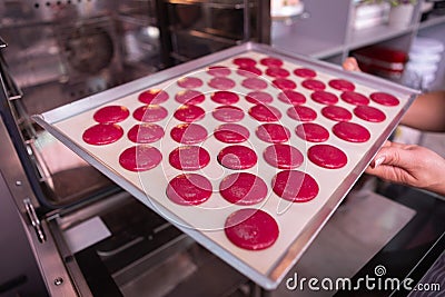 Professional baker putting baking pan with pink macaroons Stock Photo