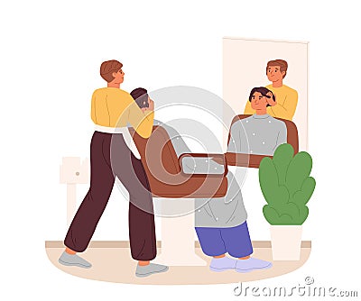 Professional barber doing hairdo to male client in barbershop. Hairstylist work in hairstyle salon Vector Illustration