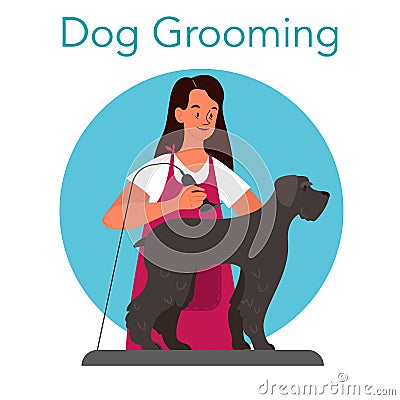 Professional barber grooming dog. Woman caring of pet fur Vector Illustration