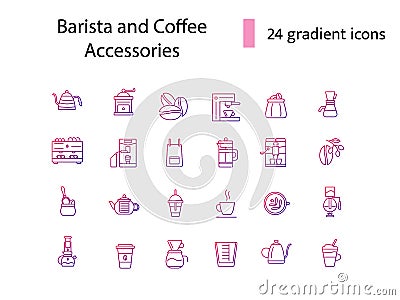 Professional barista accessories outline icons set. Drink making appliance. Isolated vector stock illustration Vector Illustration