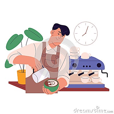 Professional barista making latte art. Cafe worker pour milk, crema in coffee cup. Young man work in coffeeshop, brew Vector Illustration