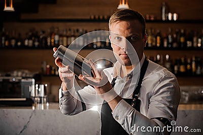 Professional barman making a cocktail using a shaker Stock Photo