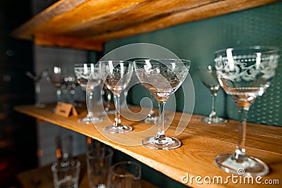 Professional bartender equipment as different transparent white ornate glasses Stock Photo