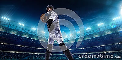 Professional baseball players on night grand arena Stock Photo