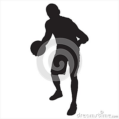 Professional basketball player silhouette with ball, vector illustration. Basketball dribbling skills. Vector Illustration