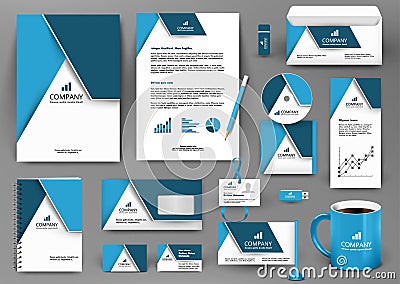 Professional blue universal branding design kit with origami element. Vector Illustration