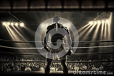 Professional boxer fighting on the grand arena panorama view. Neural network AI generated Stock Photo