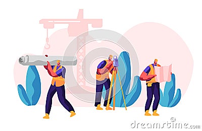 Professional Builder in Process Construction. Workman Carry Material for Build Work. Man with Level Measure Distance. Engineer Vector Illustration