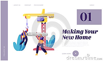 Professional Builder in Uniform in Process Construction Landing Page. Worker in Hardhat Keep Crane. Man Carry Material Building Vector Illustration