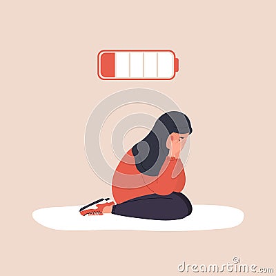 Professional burnout. Exhausted arab girl with low battery sitting on floor and crying. Mental health problem. Deadline Vector Illustration