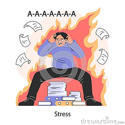 Professional burnout. Stress. Young employee on fire at workplace. Cartoon Illustration